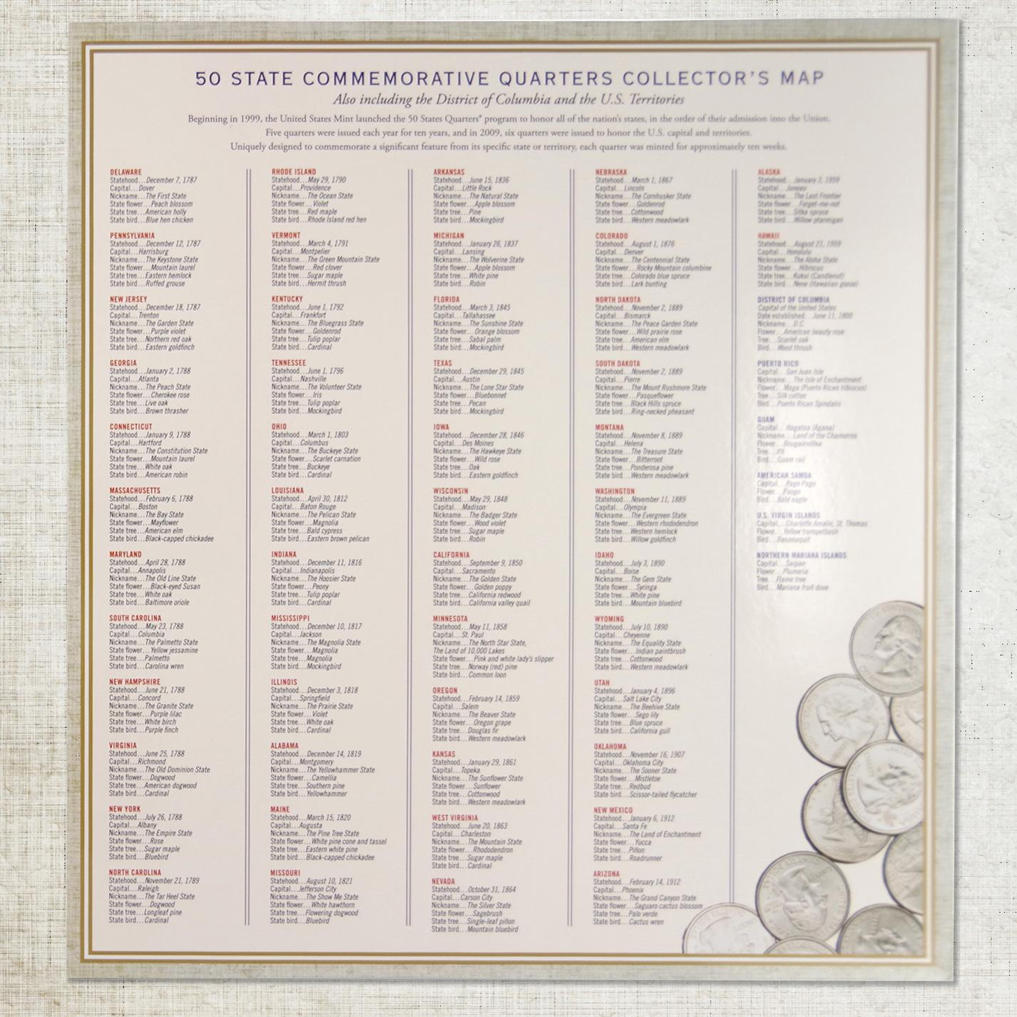50 State Commemorative Quarters Collector's Map A2Z Science