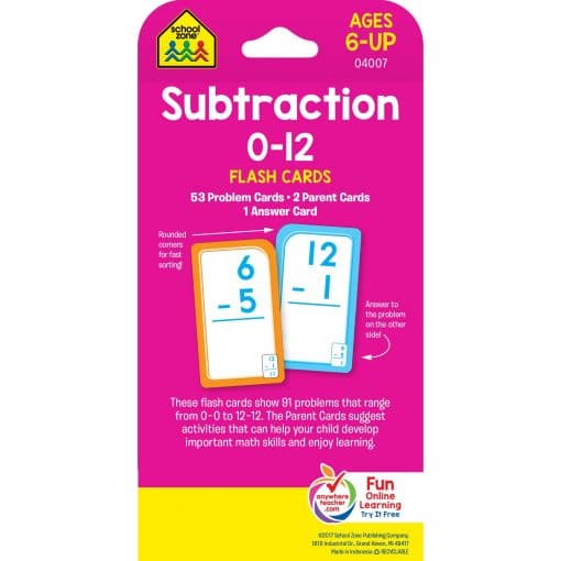Subtraction 0 12 Flash Cards by School Zone 1